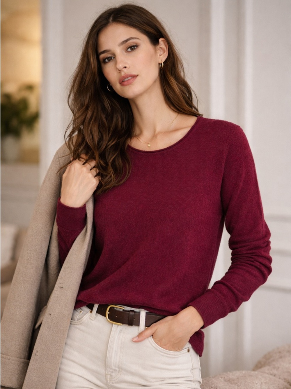 Club Monaco Sweater Cashmere Wine Burgundy Size Large L Round Neck